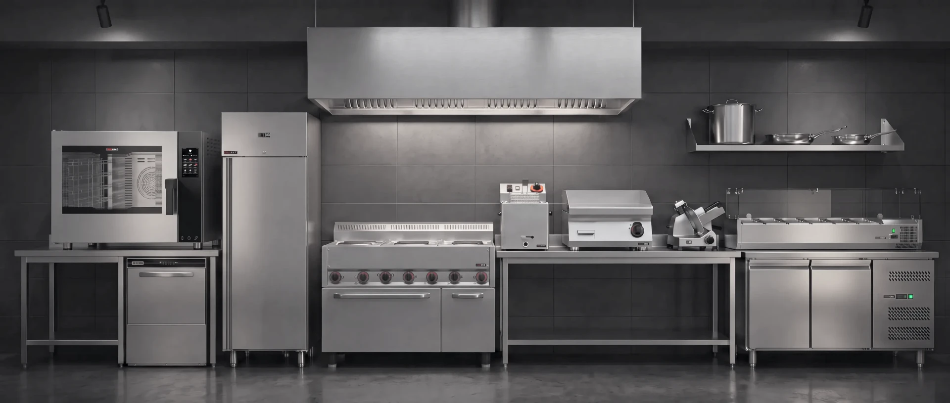 Cuisine professionnelle équipée : four mixte, lave-vaisselle, armoire réfrigérée, fourneau, friteuse, plancha, trancheuse, étagère, vitrine et table réfrigérée